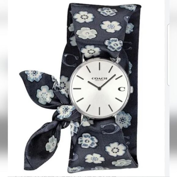 Coach Delaney Perry Silvertone Watch W/Silk Wrap Logo Floral Band Pristine - Picture 1 of 8